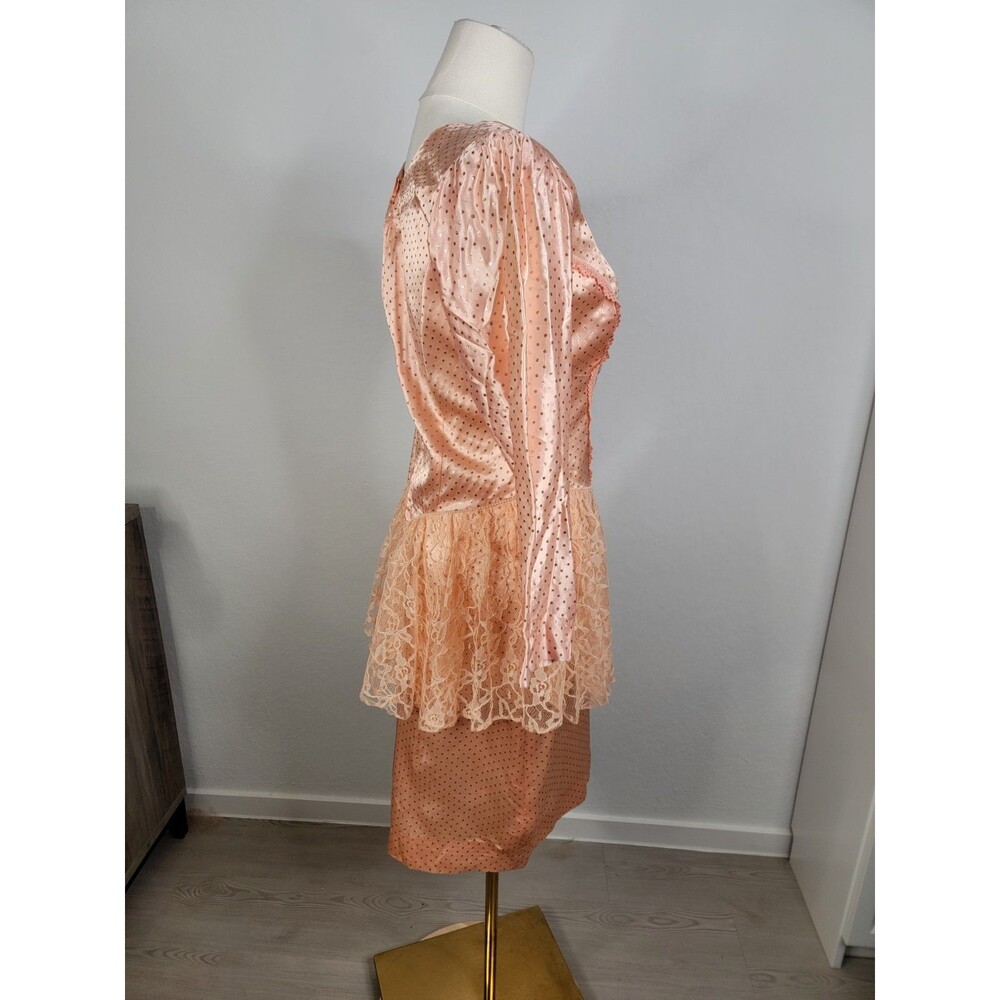 Vintage Homemade Homecoming Mid 80s Party Dress Peach Lace Sheath Peplum S - Picture 6 of 17
